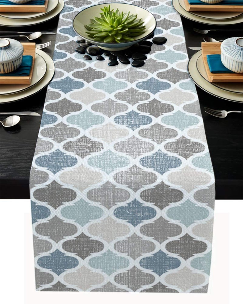 PIEPLE Moroccan Table Runner-Cotton Linen-Small 36 inche Geometric Quatrefoil Lattice Dresser Scarves,Kitchen Coffee/Dining Farmhouse Tablerunner for Home Living Room,Holiday Dinner Scarf DÃ©cor,Blue Grey - Image 1